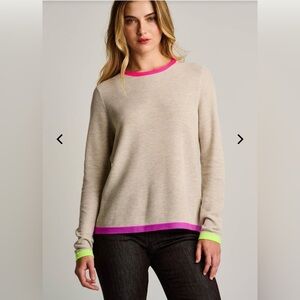 Lisa Todd Beige Crewneck Sweater with Hot Pink & Neon Green Trim